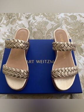 Stuart Weitzman Braided Double-Strap Slide Sandals - Metallic Gold
